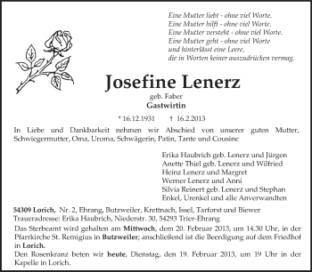 Traueranzeige von Josefine Lenerz von TRIERISCHER VOLKSFREUND