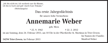 Traueranzeige von Annemarie Weber von TRIERISCHER VOLKSFREUND
