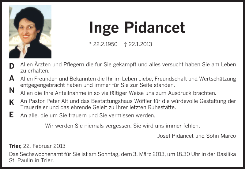  Traueranzeige für Inge Pidancet vom 23.02.2013 aus TRIERISCHER VOLKSFREUND