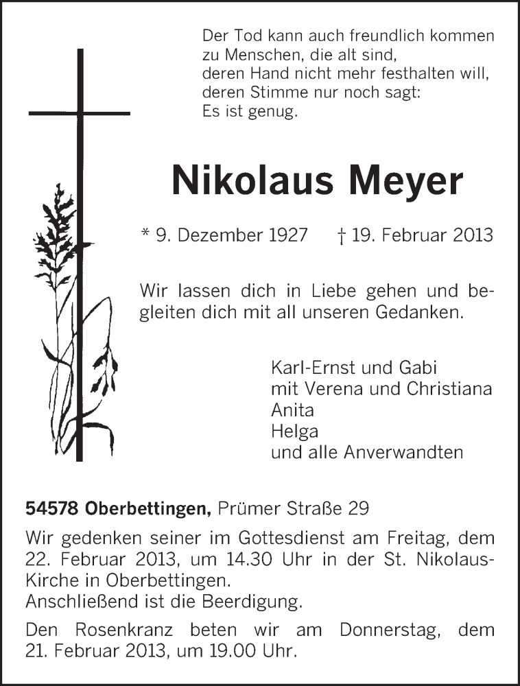  Traueranzeige für Nikolaus Meyer vom 20.02.2013 aus TRIERISCHER VOLKSFREUND