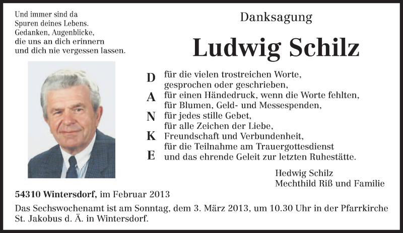  Traueranzeige für Ludwig Schilz vom 23.02.2013 aus TRIERISCHER VOLKSFREUND