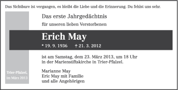 Traueranzeige von Erich May von TRIERISCHER VOLKSFREUND