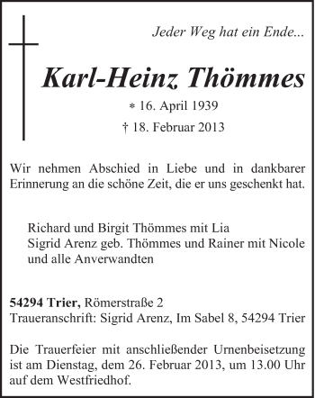 Traueranzeige von Karl-Heinz Thömmes von TRIERISCHER VOLKSFREUND