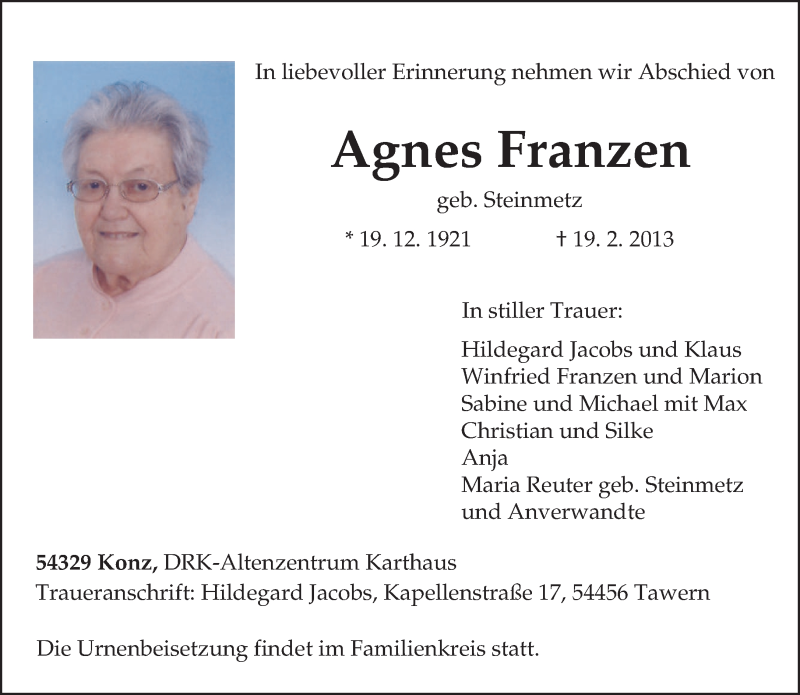  Traueranzeige für Agnes Franzen vom 23.02.2013 aus TRIERISCHER VOLKSFREUND