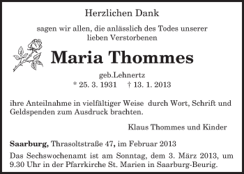 Traueranzeige von Maria Thommes von TRIERISCHER VOLKSFREUND