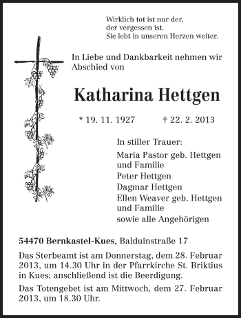 Traueranzeige von Katharina Hettgen von TRIERISCHER VOLKSFREUND