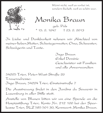 Traueranzeige von Monika Braun von TRIERISCHER VOLKSFREUND