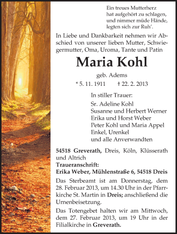 Traueranzeige von Maria Kohl von TRIERISCHER VOLKSFREUND