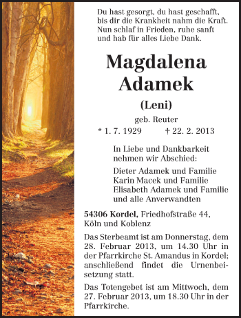 Traueranzeige von Magdalena Adamek von TRIERISCHER VOLKSFREUND