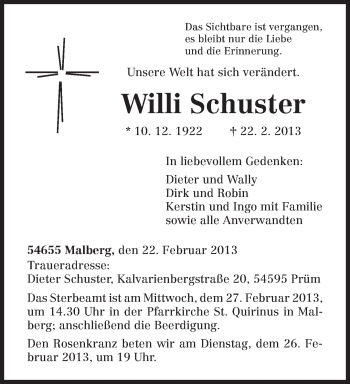 Traueranzeige von Willi Schuster von TRIERISCHER VOLKSFREUND