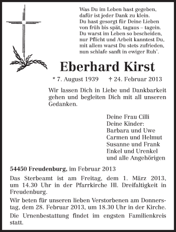 Traueranzeige von Eberhard Kirst von TRIERISCHER VOLKSFREUND
