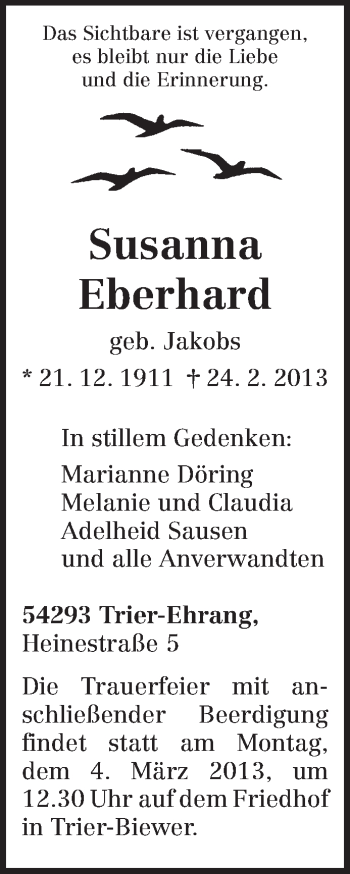 Traueranzeige von Susanna Eberhard von TRIERISCHER VOLKSFREUND