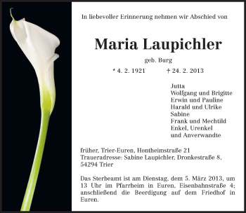 Traueranzeige von Maria Laupichler von TRIERISCHER VOLKSFREUND