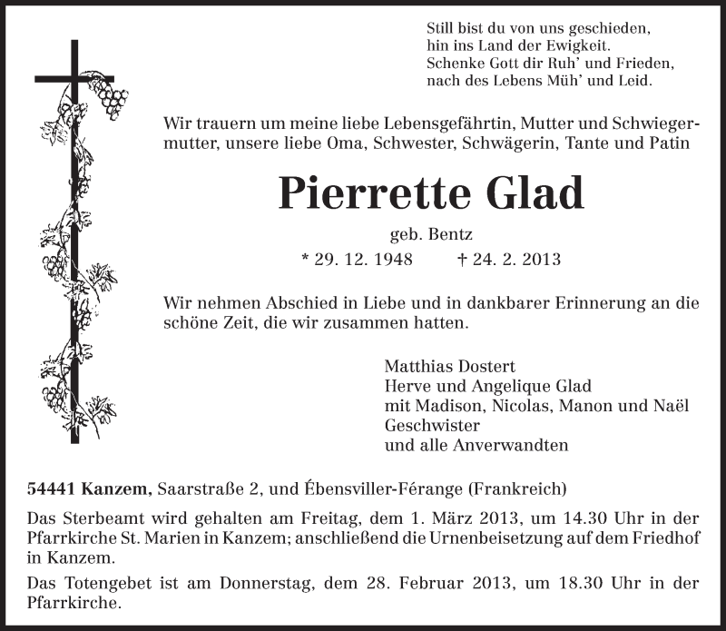  Traueranzeige für Pierrette Glad vom 27.02.2013 aus TRIERISCHER VOLKSFREUND