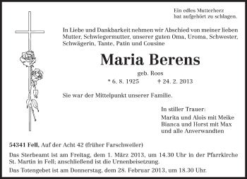 Traueranzeige von Maria Berens von TRIERISCHER VOLKSFREUND