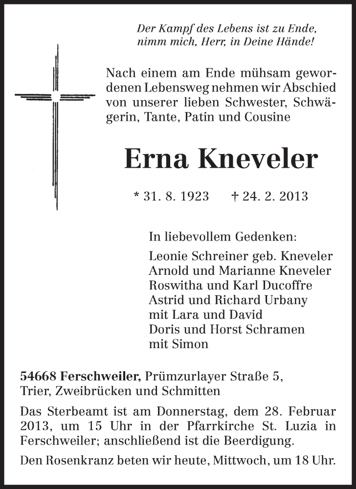  Traueranzeige für Erna Kneveler vom 27.02.2013 aus TRIERISCHER VOLKSFREUND