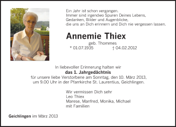 Traueranzeige von Annemie Thiex von TRIERISCHER VOLKSFREUND