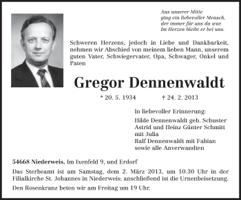 Traueranzeige von Gregor Dennenwaldt von TRIERISCHER VOLKSFREUND