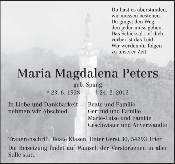 Traueranzeige von Maria Magdalena Peters von TRIERISCHER VOLKSFREUND