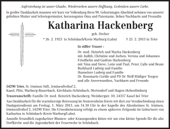 Traueranzeige von Katharina Hackenberg von TRIERISCHER VOLKSFREUND