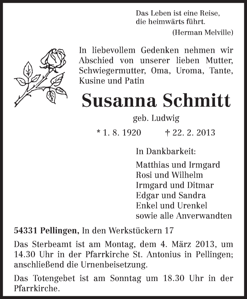  Traueranzeige für Susanna Schmitt vom 28.02.2013 aus TRIERISCHER VOLKSFREUND