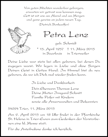 Traueranzeige von Petra Lenz von trierischer_volksfreund