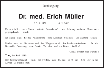 Traueranzeige von Erich Müller von TRIERISCHER VOLKSFREUND
