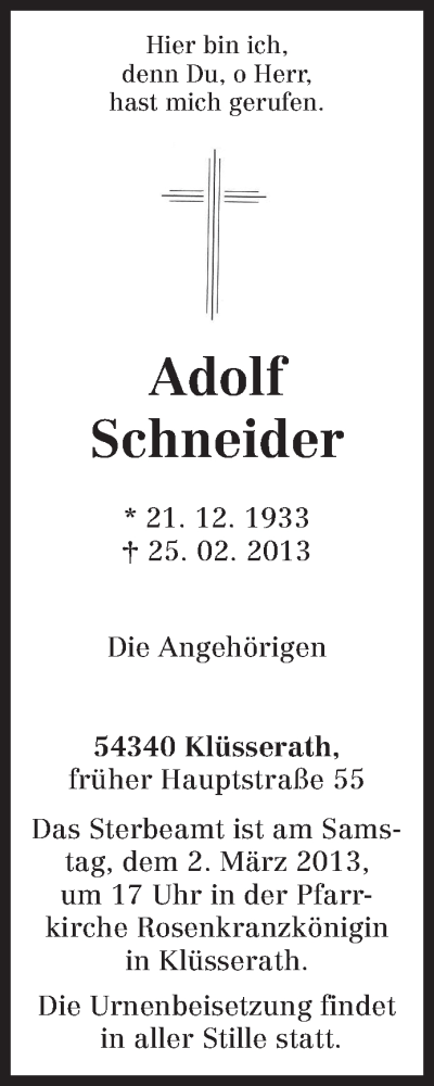  Traueranzeige für Adolf Schneider vom 28.02.2013 aus TRIERISCHER VOLKSFREUND