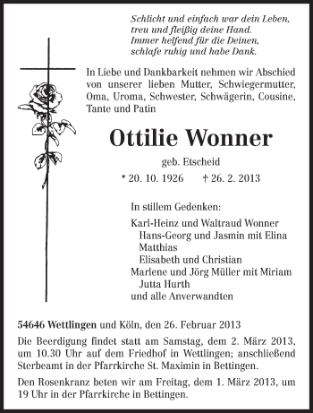 Traueranzeige von Ottilie Wonner von TRIERISCHER VOLKSFREUND