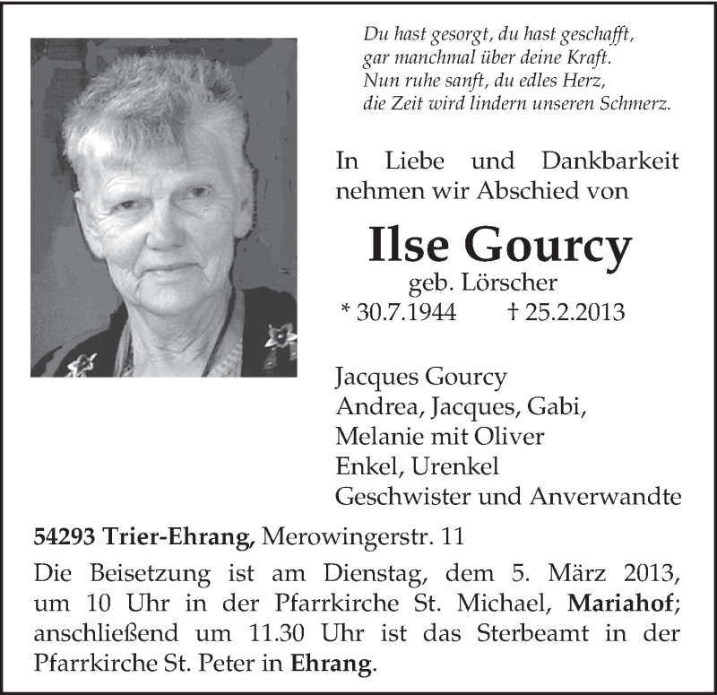 Traueranzeige für Ilse Gourcy vom 28.02.2013 aus TRIERISCHER VOLKSFREUND