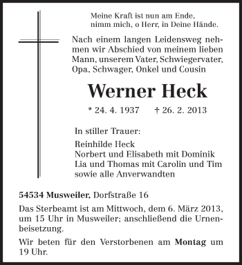 Traueranzeige von Werner Heck von TRIERISCHER VOLKSFREUND