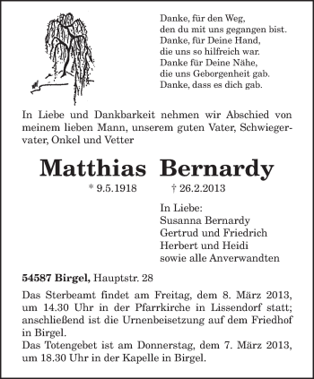 Traueranzeige von Matthias Bernardy von TRIERISCHER VOLKSFREUND
