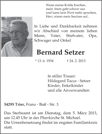 Traueranzeige von Bernard Setzer von TRIERISCHER VOLKSFREUND