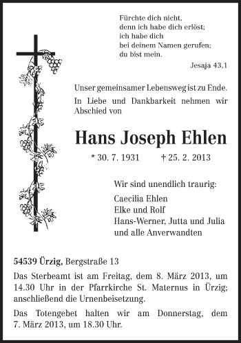 Traueranzeige von Hans Joseph Ehlen von TRIERISCHER VOLKSFREUND