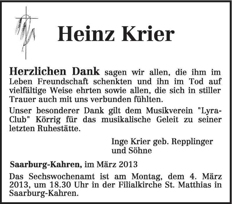  Traueranzeige für Heinz Krier vom 02.03.2013 aus TRIERISCHER VOLKSFREUND