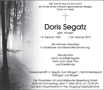 Traueranzeige von Doris Segatz von TRIERISCHER VOLKSFREUND