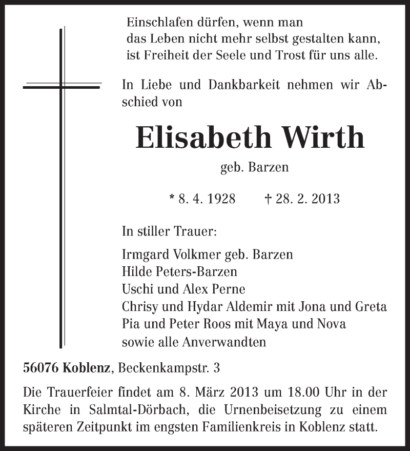  Traueranzeige für Elisabeth Wirth vom 06.03.2013 aus TRIERISCHER VOLKSFREUND