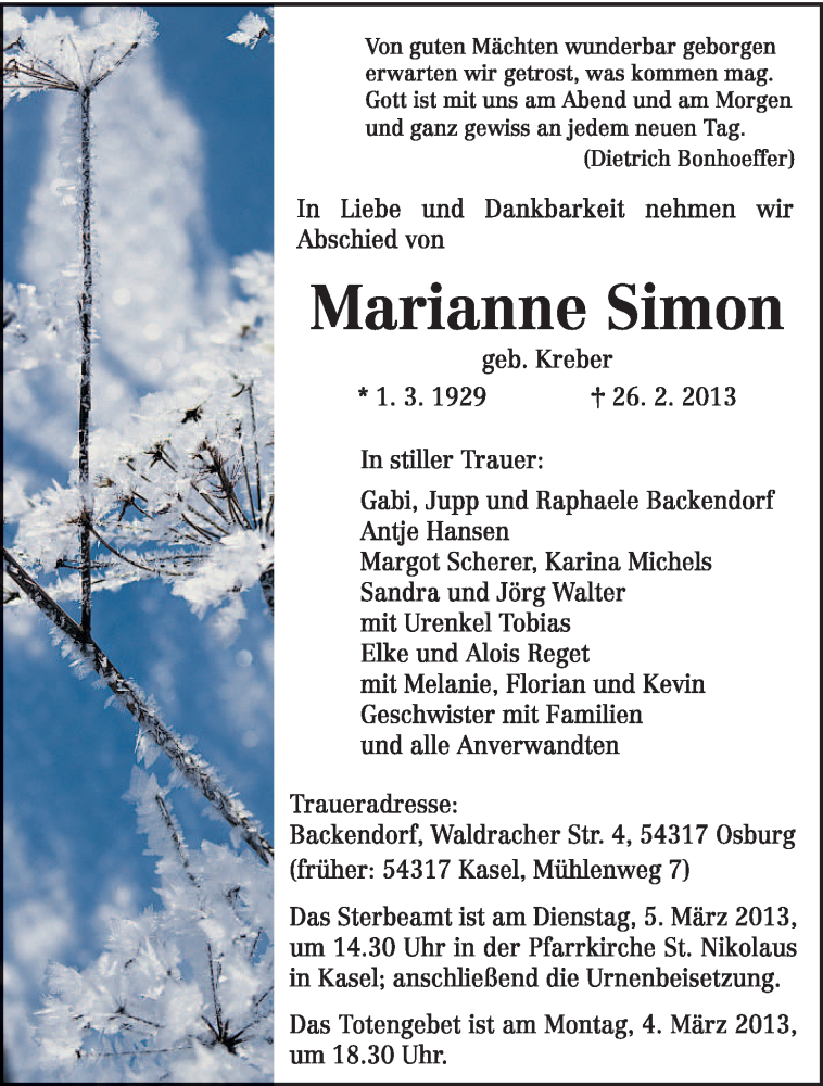  Traueranzeige für Marianne Simon vom 02.03.2013 aus TRIERISCHER VOLKSFREUND
