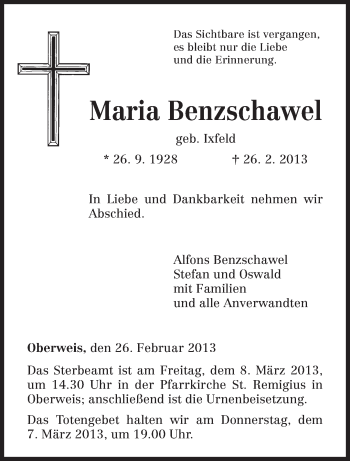 Traueranzeige von Maria Benzschawel von TRIERISCHER VOLKSFREUND