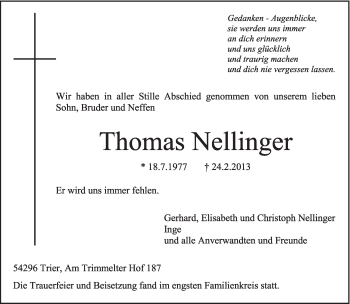 Traueranzeige von Thomas Nellinger von TRIERISCHER VOLKSFREUND