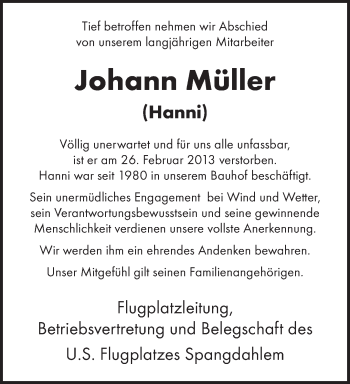 Traueranzeige von Johann Müller von TRIERISCHER VOLKSFREUND