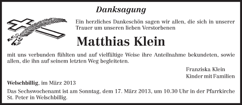  Traueranzeige für Matthias Klein vom 09.03.2013 aus TRIERISCHER VOLKSFREUND