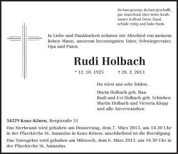 Traueranzeige von Rudi Holbach von TRIERISCHER VOLKSFREUND