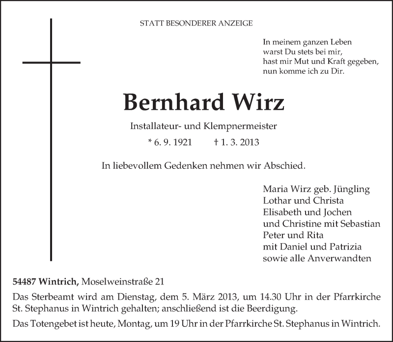  Traueranzeige für Bernhard Wirz vom 04.03.2013 aus TRIERISCHER VOLKSFREUND