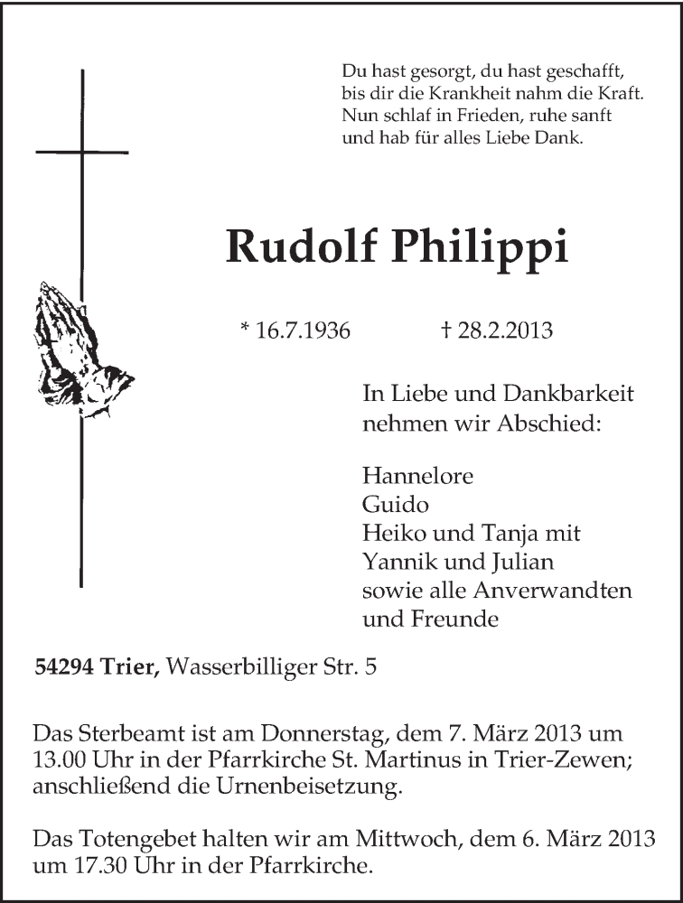 Traueranzeige für Rudolf Philippi vom 04.03.2013 aus TRIERISCHER VOLKSFREUND