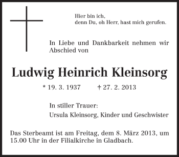 Traueranzeige von Ludwig Heinrich Kleinsorg von TRIERISCHER VOLKSFREUND