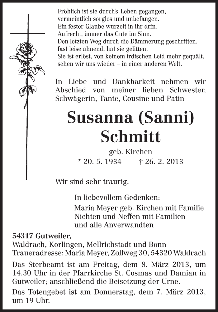  Traueranzeige für Susanna Smitt vom 05.03.2013 aus TRIERISCHER VOLKSFREUND