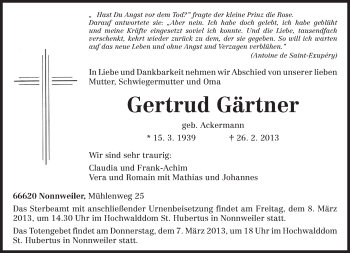 Traueranzeige von Gertrud Gärtner von TRIERISCHER VOLKSFREUND
