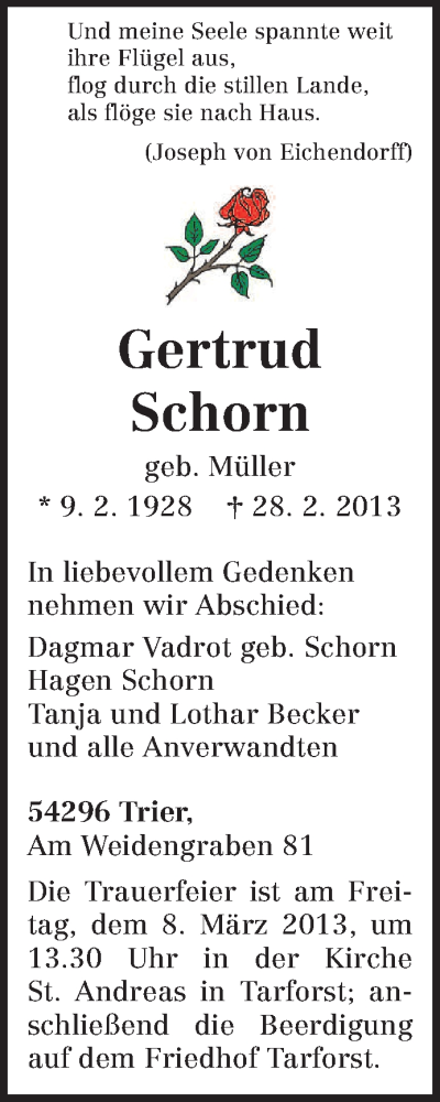  Traueranzeige für Gertrud Schorn vom 06.03.2013 aus TRIERISCHER VOLKSFREUND