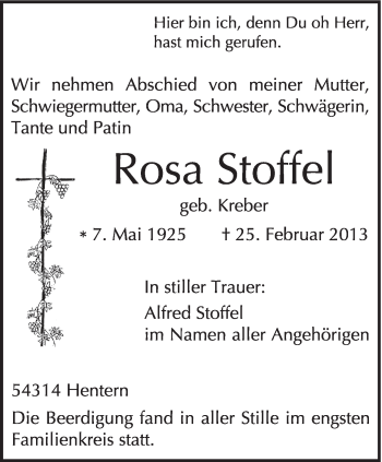 Traueranzeige von Rosa Stoffel von TRIERISCHER VOLKSFREUND